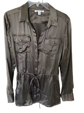 Banana Republic Olive Drawstring Satin Shirt Jacket 100% silk size M ,Y2K brown